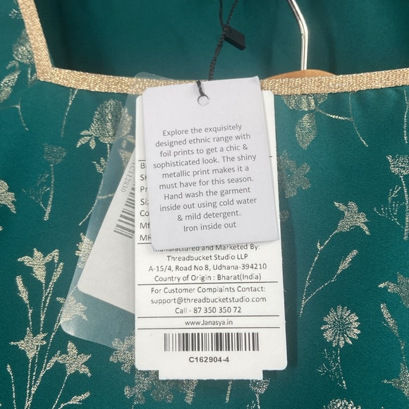 Janasya 2 Peice set teal green tunic & flare bell bottoms gold metallic florals - Picture 12 of 16